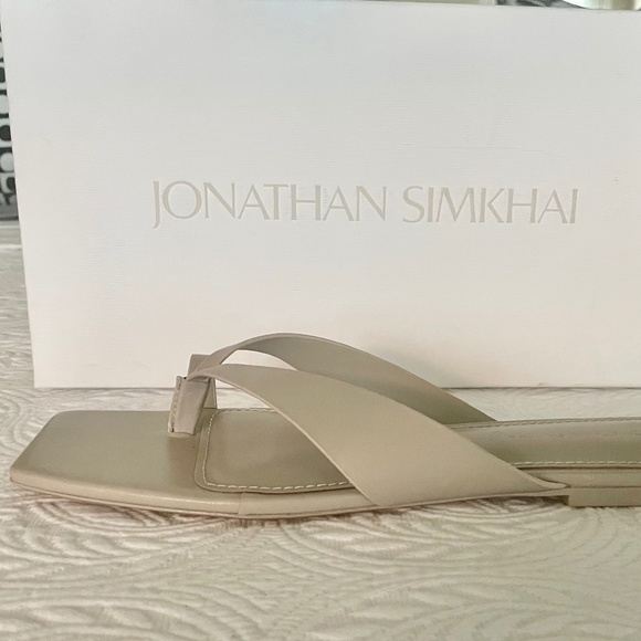 JONATHAN SIMKHAI Square-Toe Leather Flat Sandals, Taupe, size 10 - Picture 1 of 8